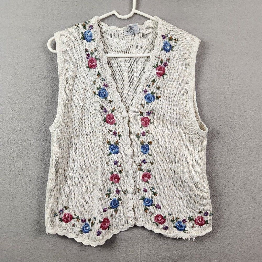 Vintage 90’s IC Isaacs Knit Sweater Vest White Cottage Core Floral Sz P/S